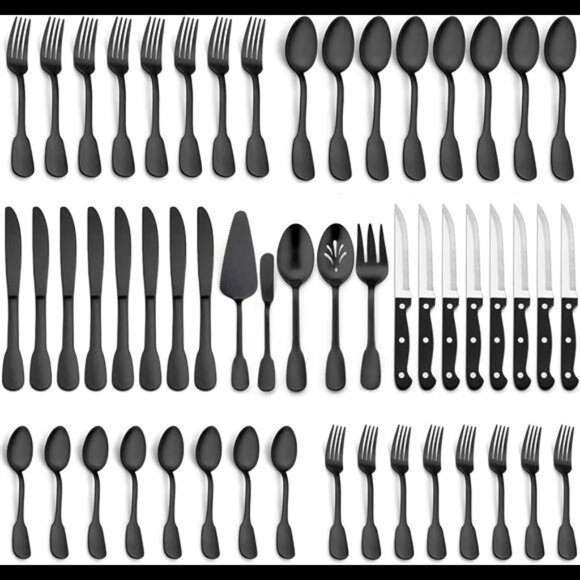 77-Piece Matte Black Silverware FlatwareSet,Plus Steak Knives & Serving Utensils - Picture 1 of 8